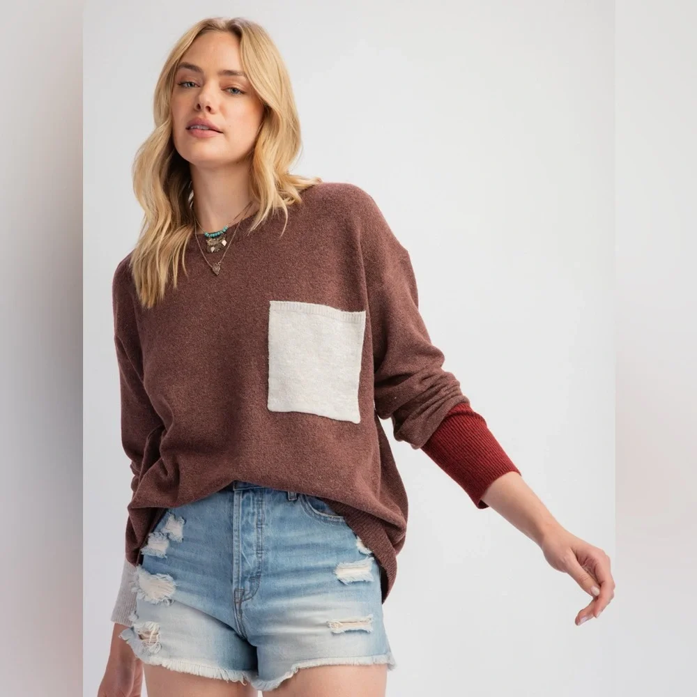 Easel Dried Plum Color Mix Knitted Sweater - Picture 1 of 3